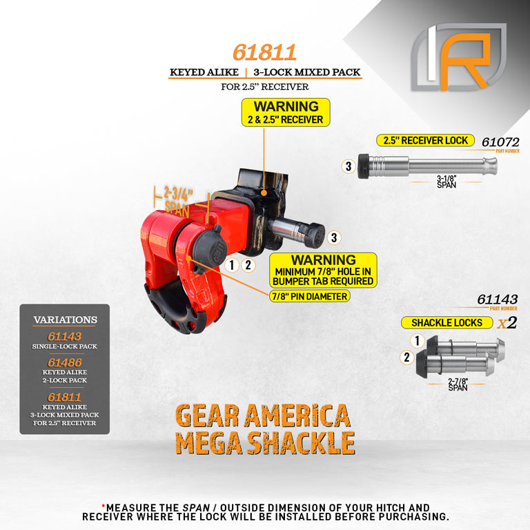 61811 | 3 Pack Mixed 2.5, Keyed Alike, Shackle Locks For Gear America Mega Shackle - Includes Lock For 2.5" Receiver - DOES N