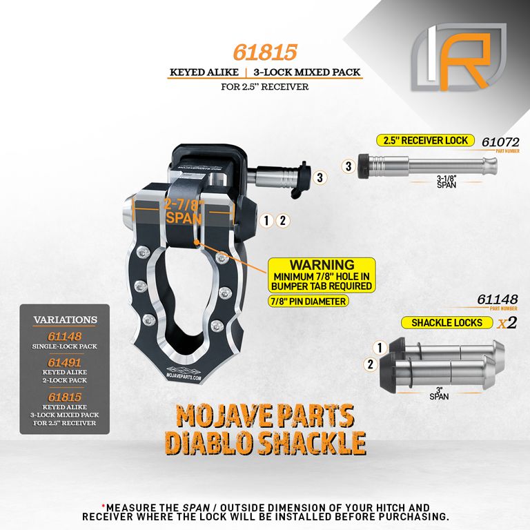 61815 | 3 Pack Mixed 2.5, Keyed Alike, Shackle Locks For Mojave Parts Diablo Shackle - Includes Lock For 2.5" Receiver - DOES