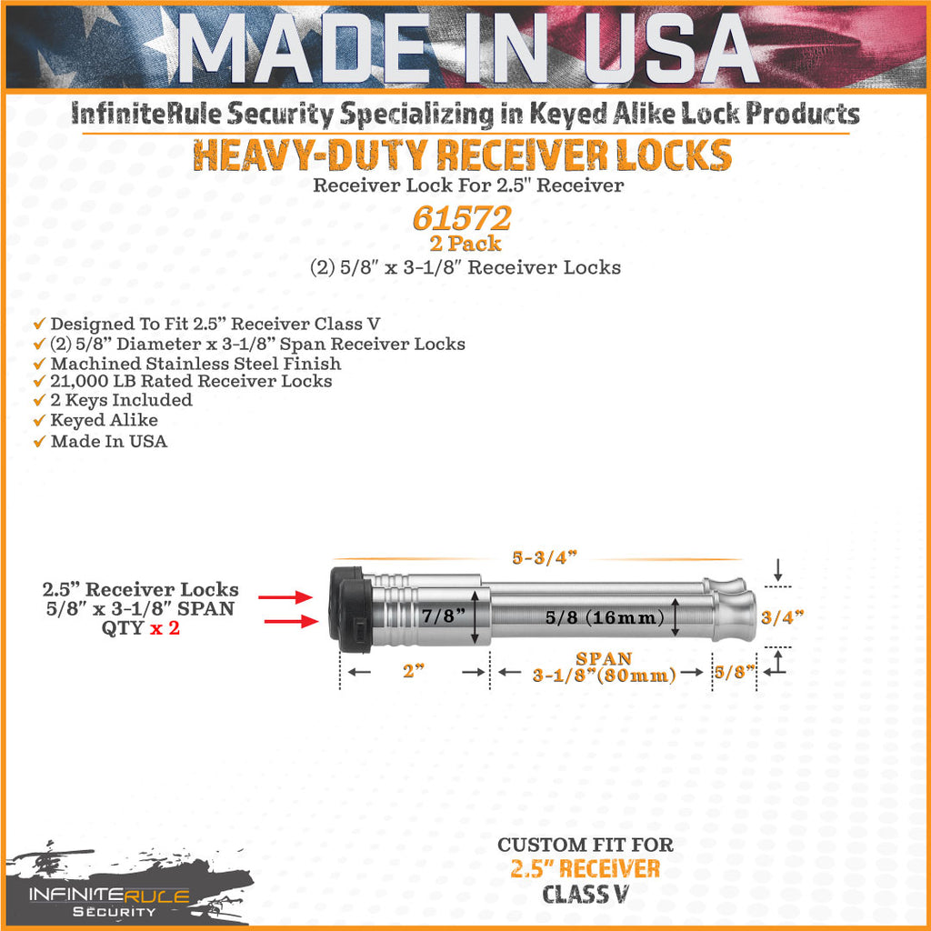 61572 | 2 Pack, Keyed Alike, Receiver Locks For 2.0" & 2.5" Receiver - Class III, IV, V