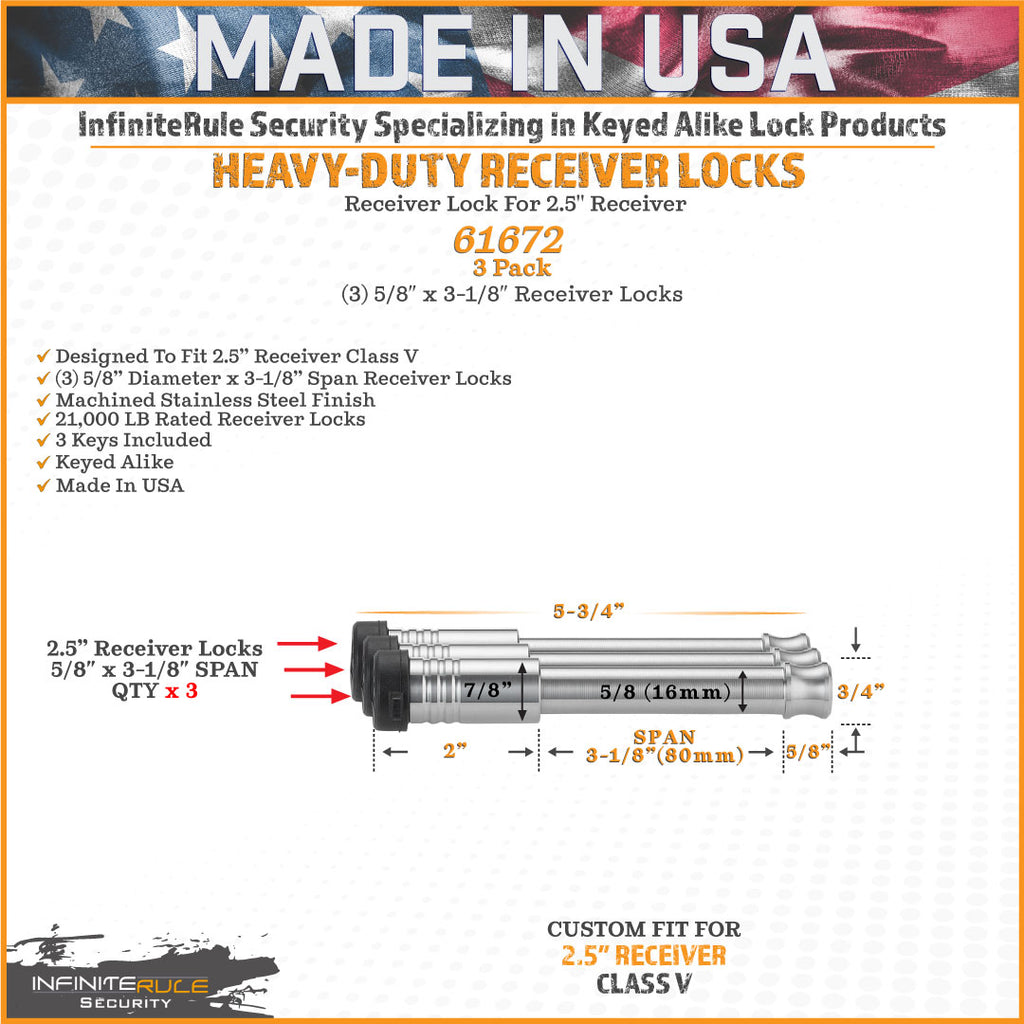 61672 | 3 Pack, Keyed Alike, Receiver Locks For 2.0" & 2.5" Receiver - Class III, IV, V