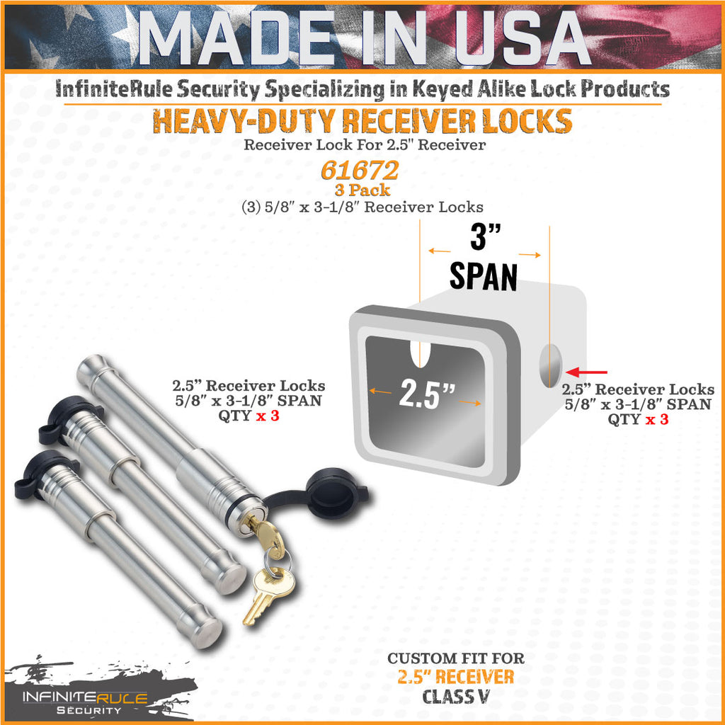 61672 | 3 Pack, Keyed Alike, Receiver Locks For 2.0" & 2.5" Receiver - Class III, IV, V