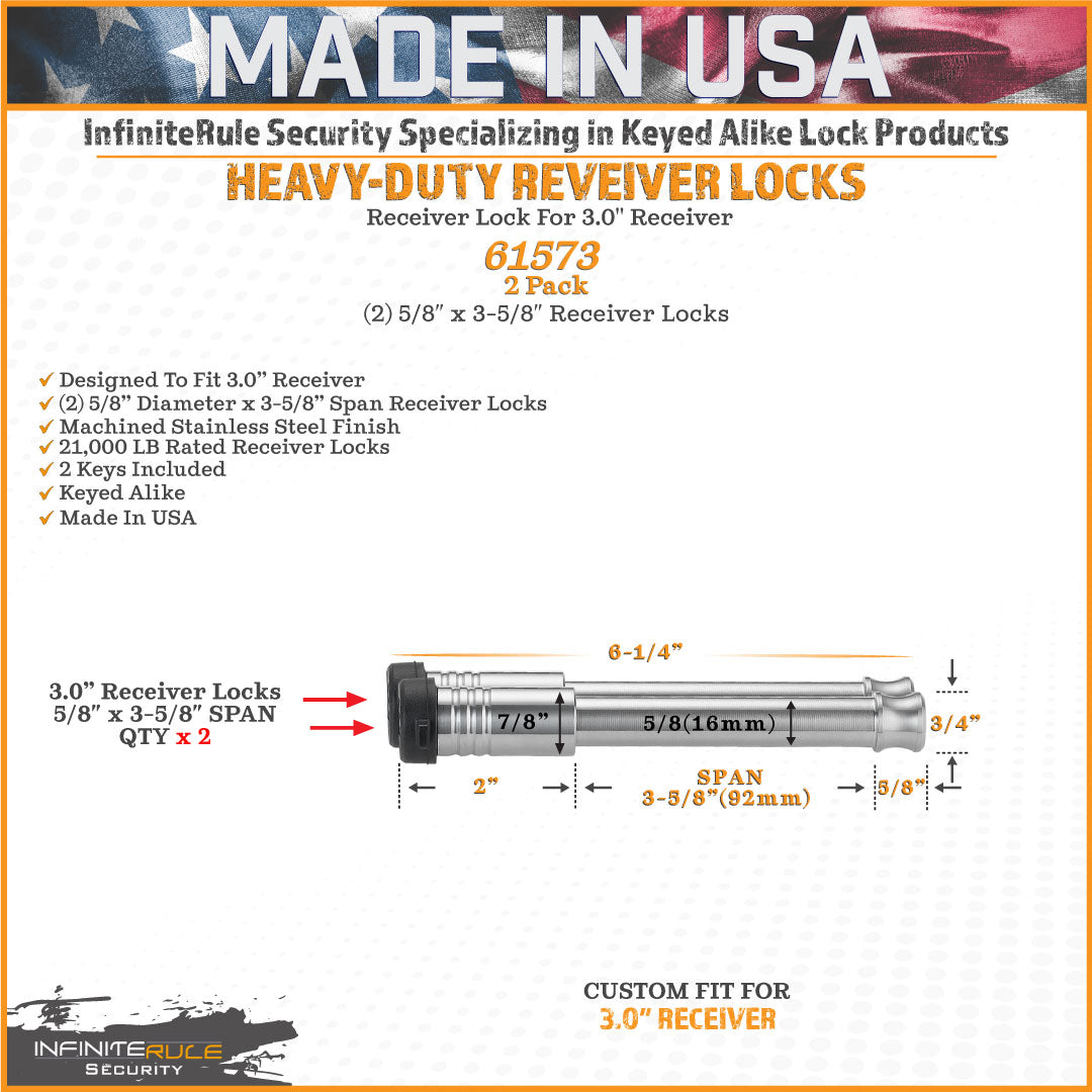 61573 | 2 Pack, Keyed Alike, Receiver Locks For 3.0" Receiver