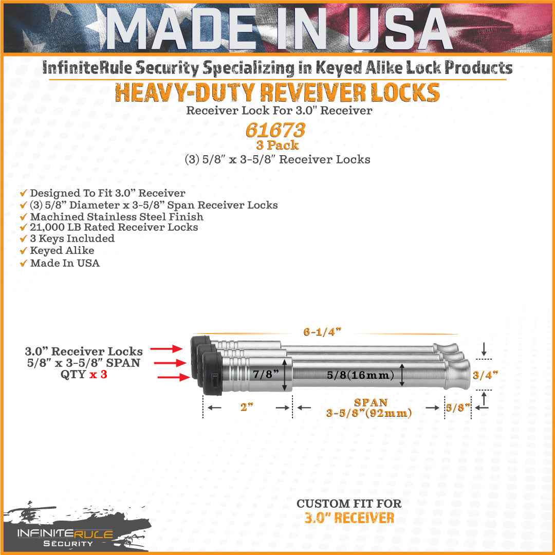 61673 | 3 Pack, Keyed Alike, Receiver Locks For 3.0" Receiver
