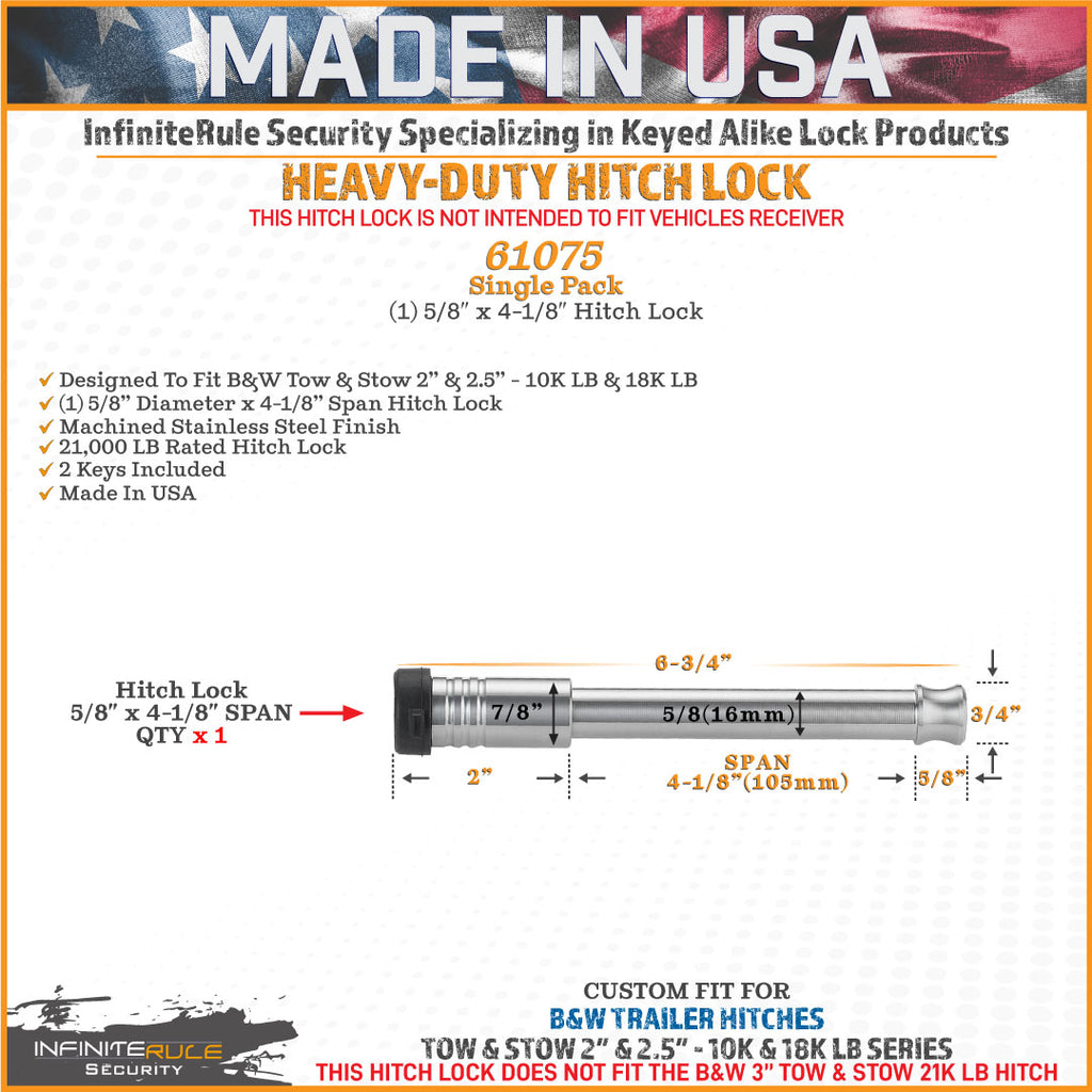 61075 | Hitch Lock For B&W 2.0" & 2.5" Tow & Stow 10K LB & 18K LB - Fits Adjustable Ball Mount Only - DOES NOT FIT Vehicle Re