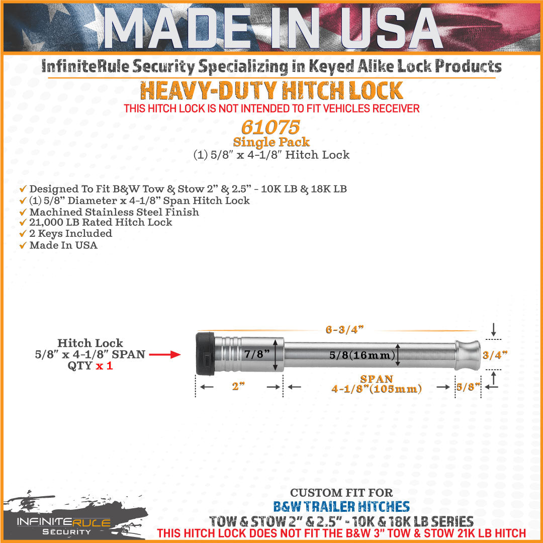 61075 | Hitch Lock For B&W 2.0" & 2.5" Tow & Stow 10K LB & 18K LB - Fits Adjustable Ball Mount Only - DOES NOT FIT Vehicle Re