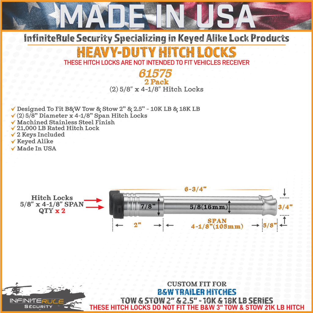 61575 | 2 Pack, Keyed Alike, Hitch Locks For B&W 2.0" & 2.5" Tow & Stow 10K LB & 18K LB - Fits Adjustable Ball Mount Only - D
