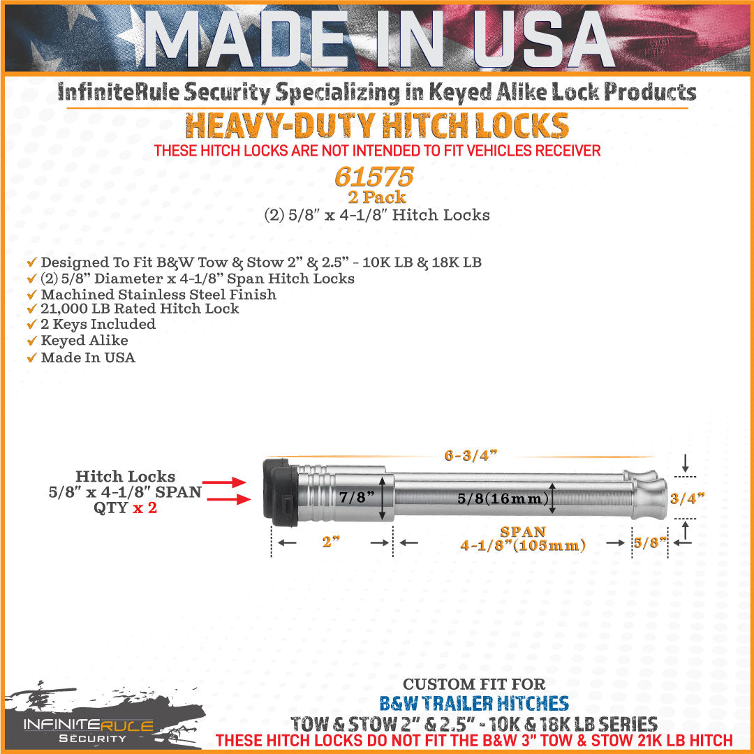 61575 | 2 Pack, Keyed Alike, Hitch Locks For B&W 2.0" & 2.5" Tow & Stow 10K LB & 18K LB - Fits Adjustable Ball Mount Only - D