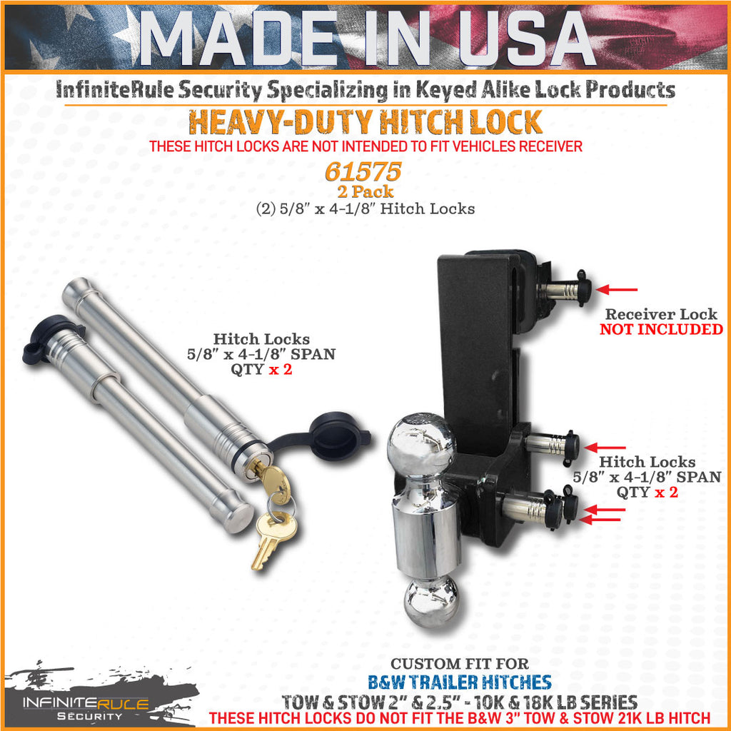 61575 | 2 Pack, Keyed Alike, Hitch Locks For B&W 2.0" & 2.5" Tow & Stow 10K LB & 18K LB - Fits Adjustable Ball Mount Only - D