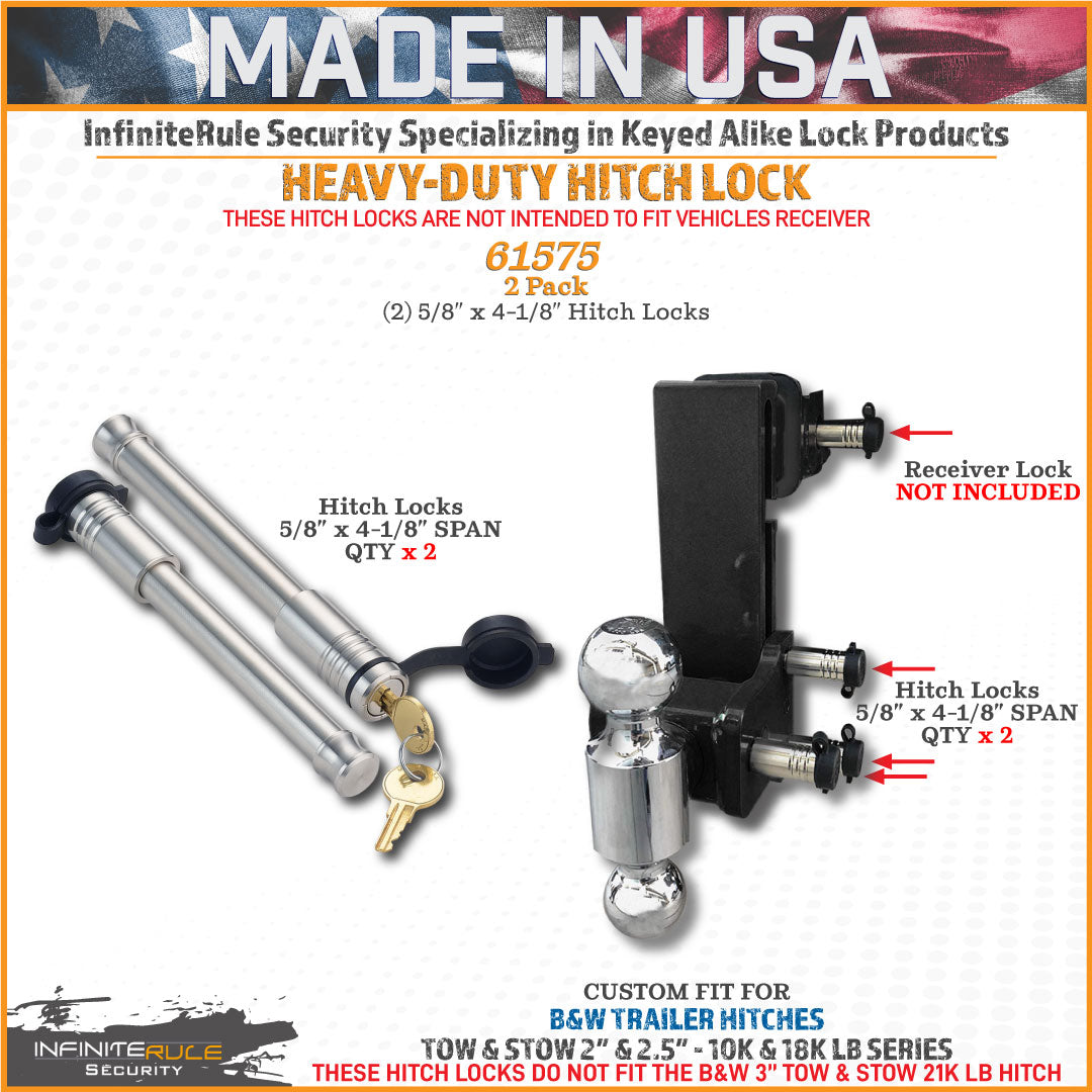 61575 | 2 Pack, Keyed Alike, Hitch Locks For B&W 2.0" & 2.5" Tow & Stow 10K LB & 18K LB - Fits Adjustable Ball Mount Only - D