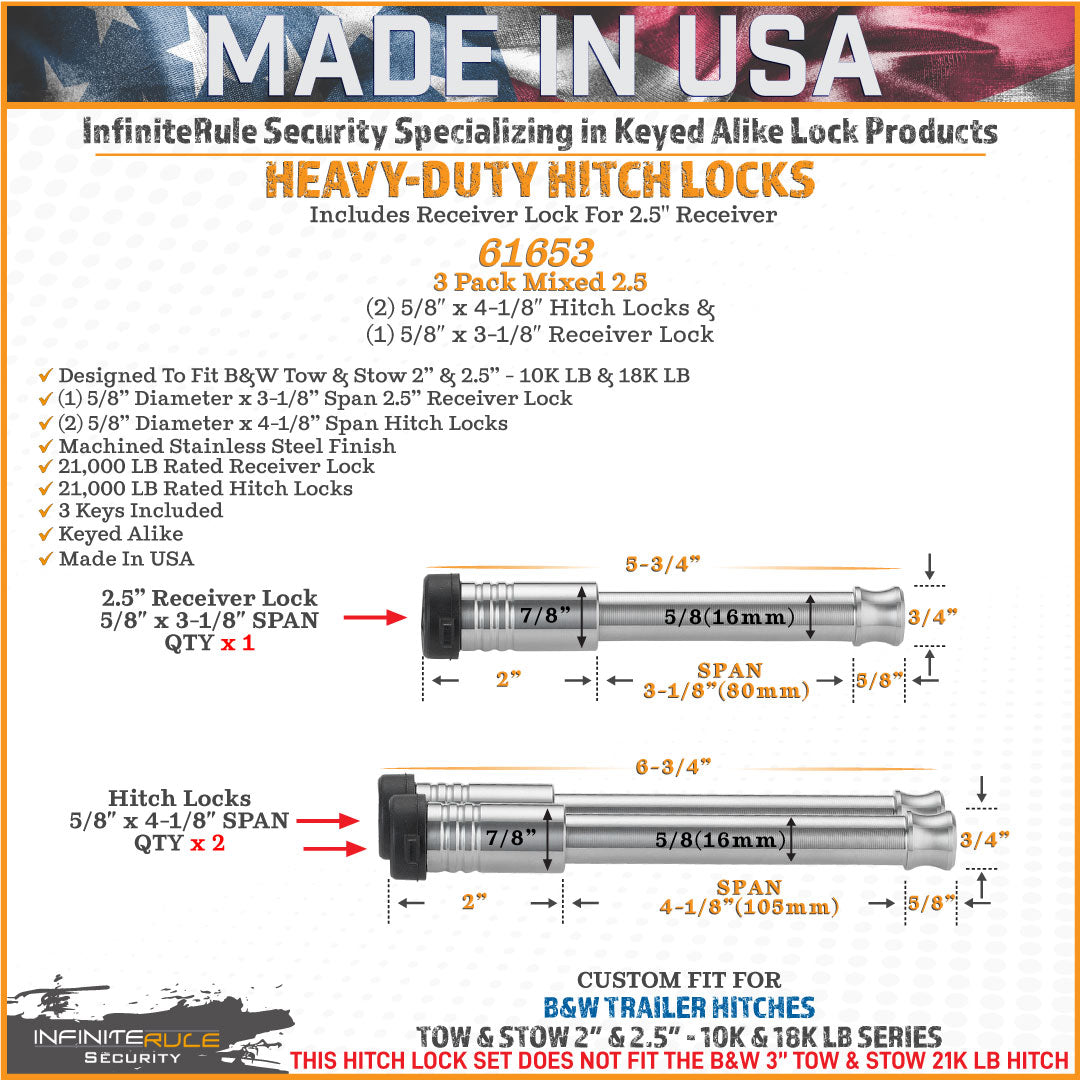 61653 | 3 Pack Mixed 2.5, Keyed Alike, Hitch Locks For B&W 2.0" & 2.5" Tow & Stow 10K LB & 18K LB - Includes Lock For 2.5" Re