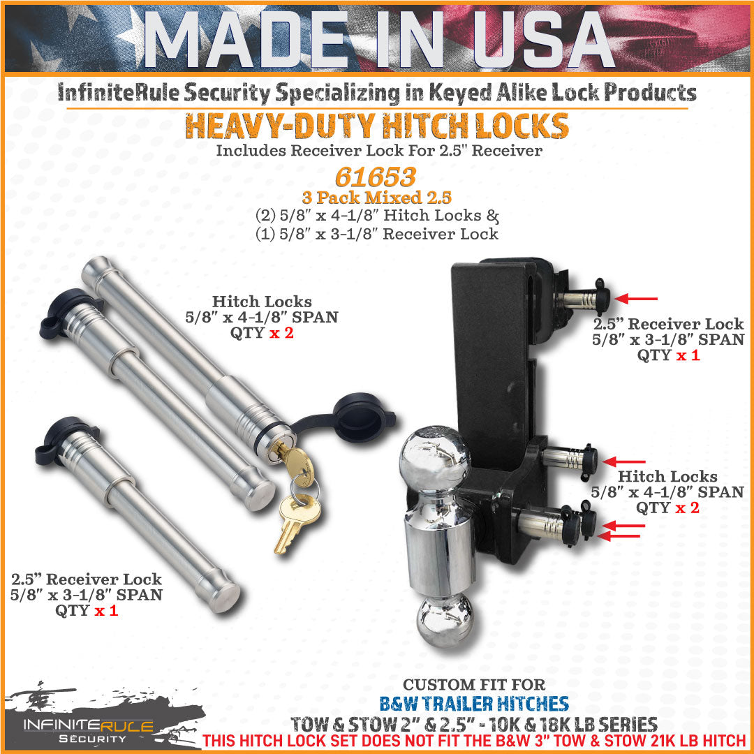 61653 | 3 Pack Mixed 2.5, Keyed Alike, Hitch Locks For B&W 2.0" & 2.5" Tow & Stow 10K LB & 18K LB - Includes Lock For 2.5" Re