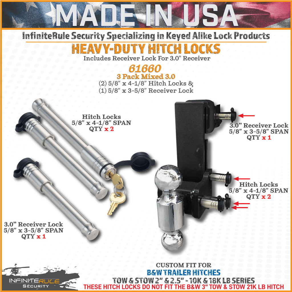 61660 | 3 Pack Mixed 3.0, Keyed Alike, Hitch Locks For B&W 2.0" & 2.5" Tow & Stow 10K LB & 18K LB - Includes Lock For 3.0" Re