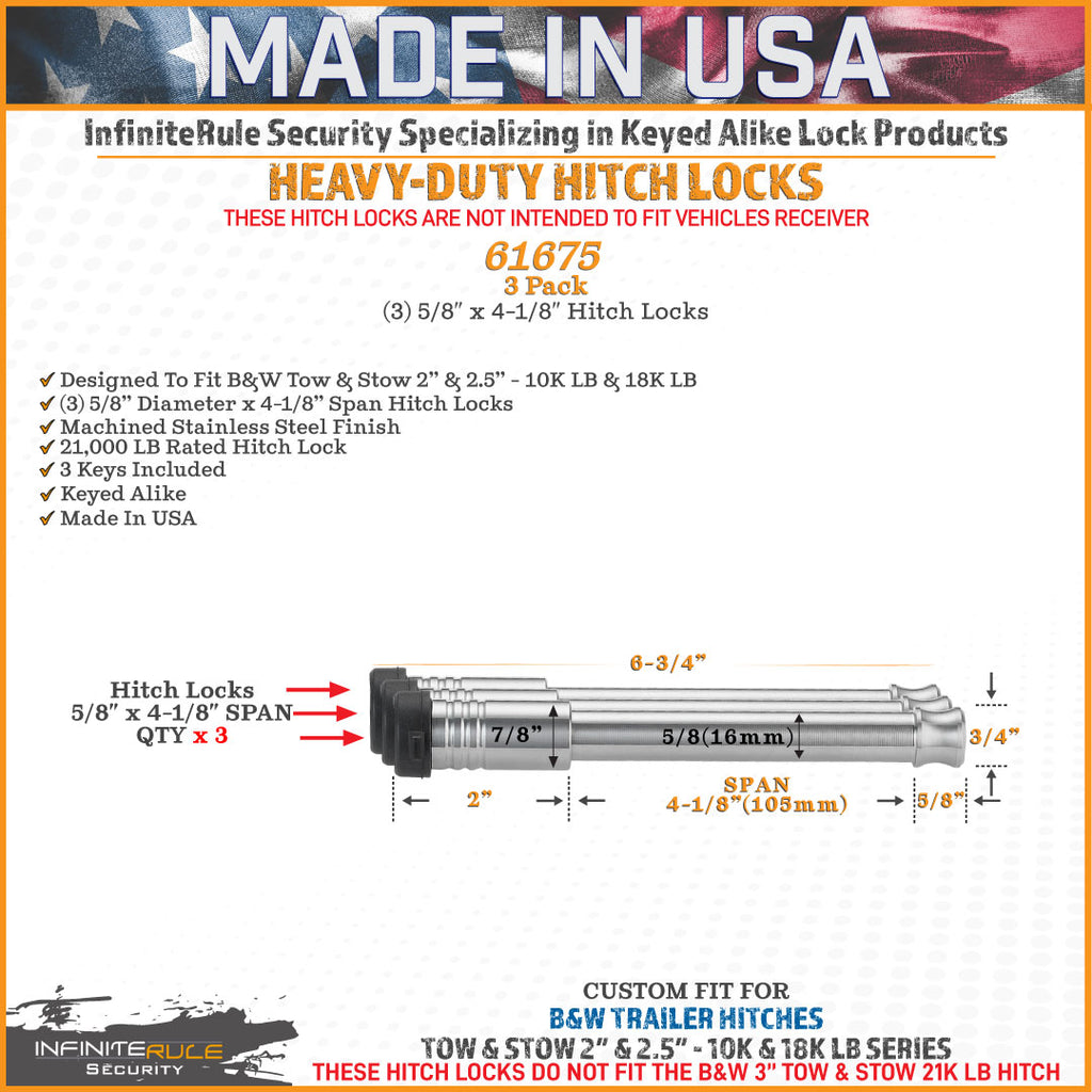 61675 | 3 Pack, Keyed Alike, Hitch Locks For B&W 2.0" & 2.5" Tow & Stow 10K LB & 18K LB - Fits Adjustable Ball Mount Only - D