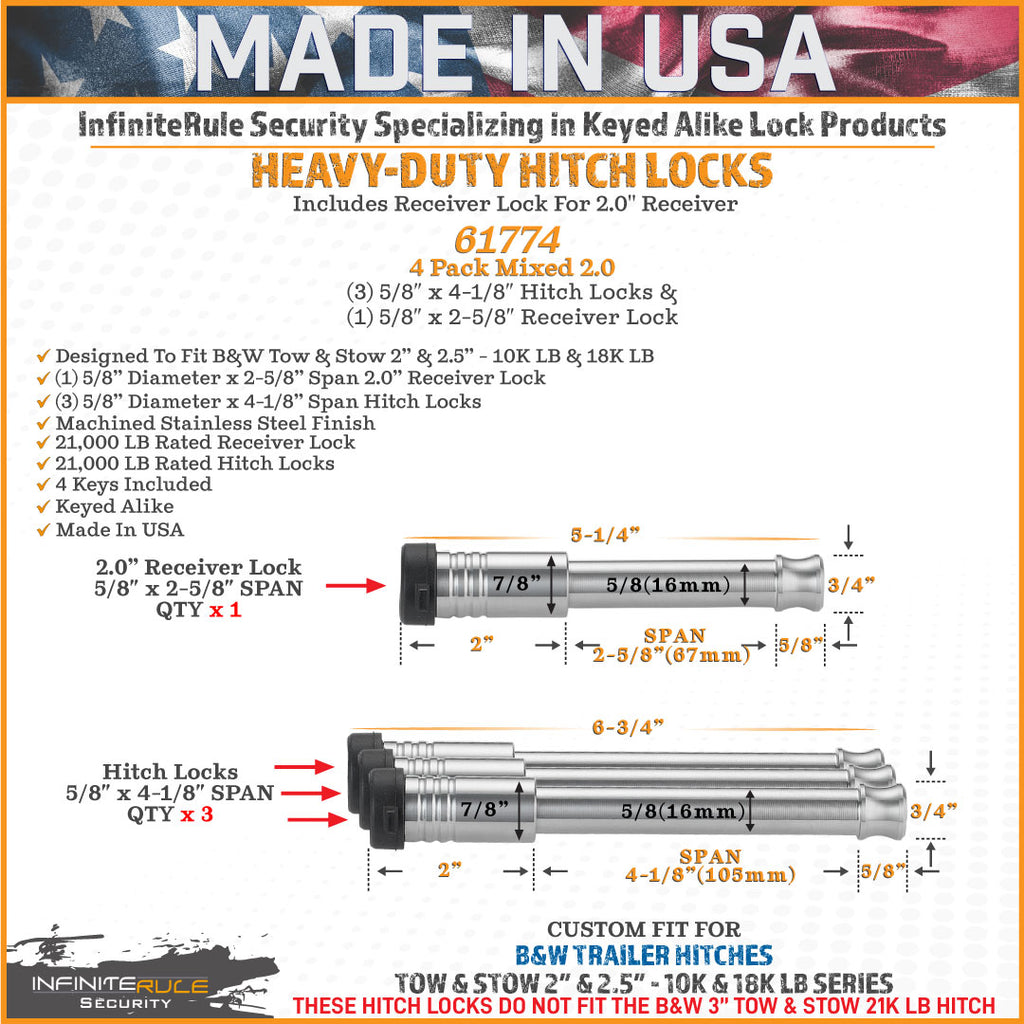 61774 | 4 Pack Mixed 2.0, Keyed Alike, Hitch Locks For B&W 2.0" Tow & Stow 10K LB - Includes Lock For 2.0" Receiver - DOES NO