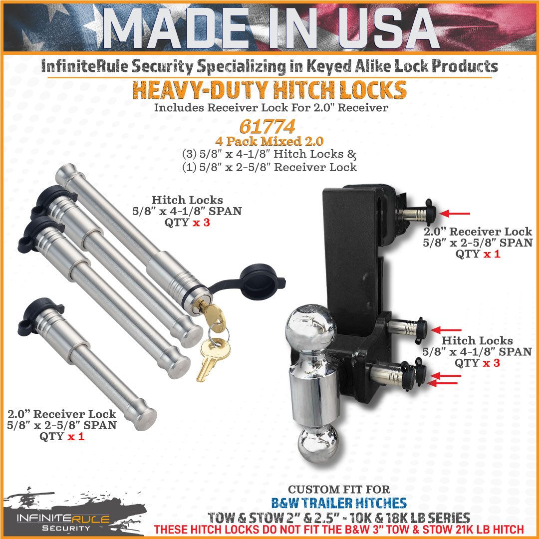 61774 | 4 Pack Mixed 2.0, Keyed Alike, Hitch Locks For B&W 2.0" Tow & Stow 10K LB - Includes Lock For 2.0" Receiver - DOES NO