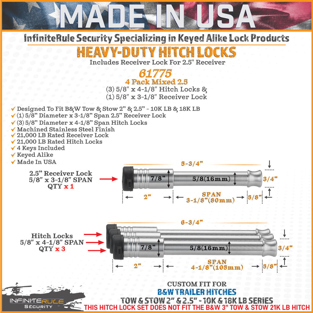 61775 | 4 Pack Mixed 2.5, Keyed Alike, Hitch Locks For B&W 2.0" & 2.5" Tow & Stow 10K LB & 18K LB - Includes Lock For 2.5" Re
