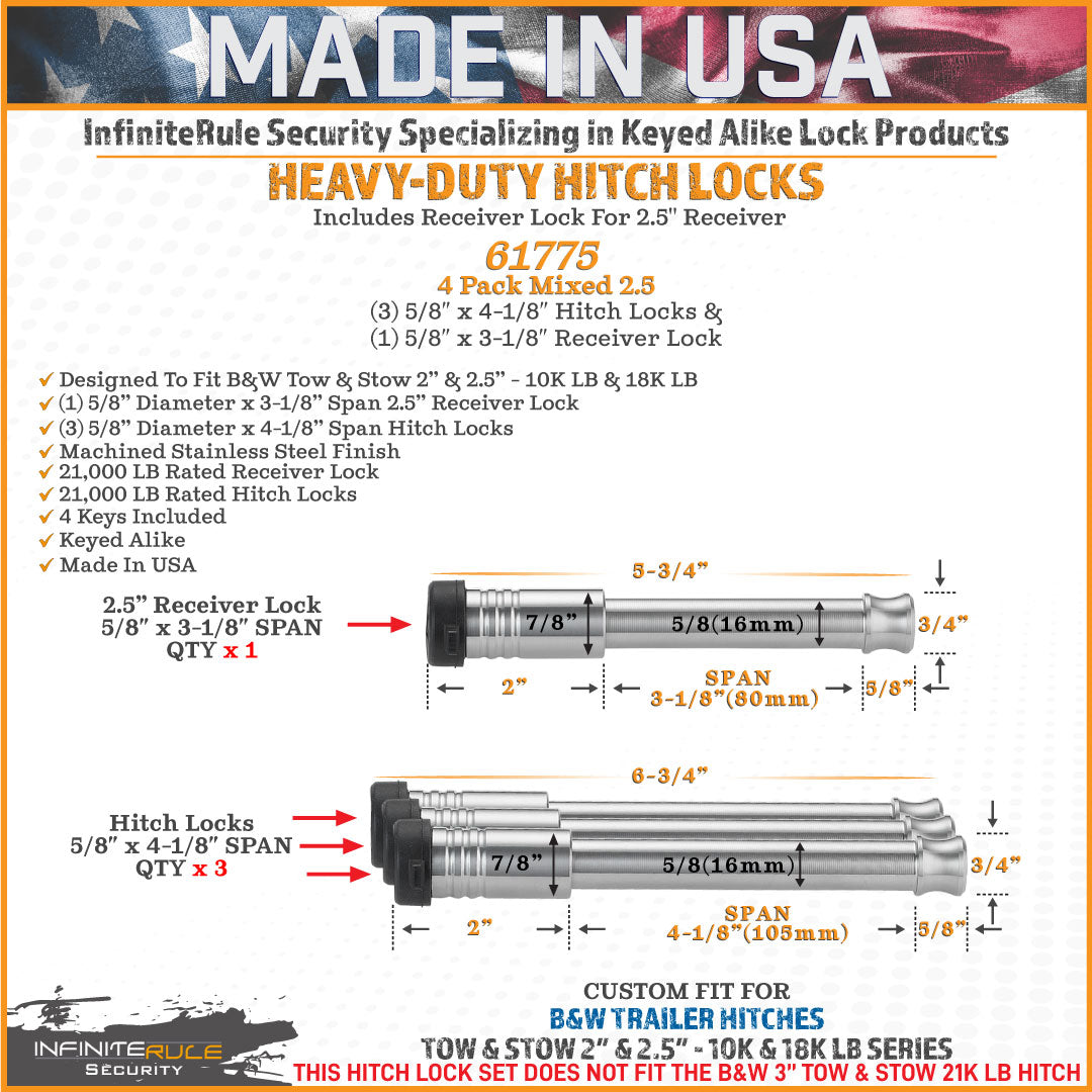 61775 | 4 Pack Mixed 2.5, Keyed Alike, Hitch Locks For B&W 2.0" & 2.5" Tow & Stow 10K LB & 18K LB - Includes Lock For 2.5" Re