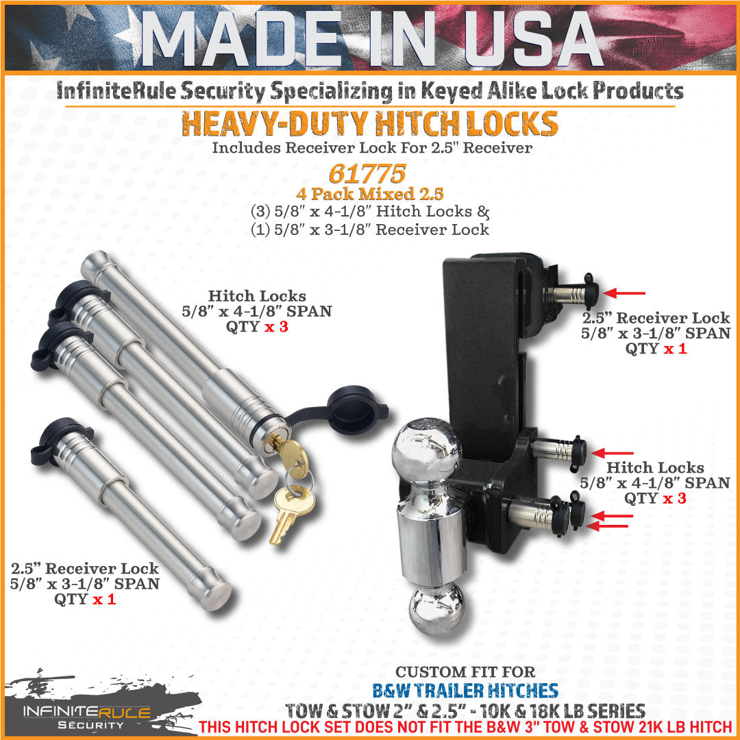 61775 | 4 Pack Mixed 2.5, Keyed Alike, Hitch Locks For B&W 2.0" & 2.5" Tow & Stow 10K LB & 18K LB - Includes Lock For 2.5" Re