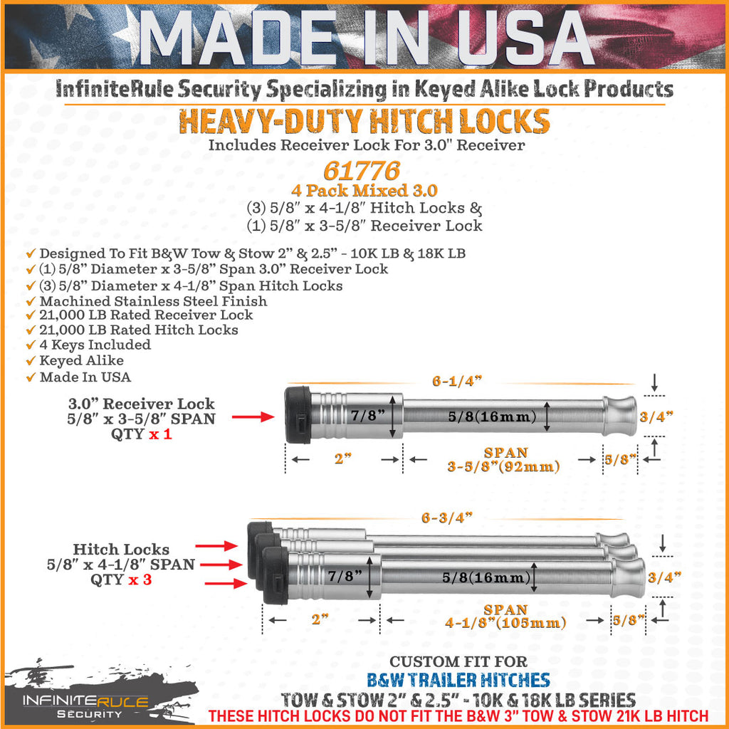 61776 | 4 Pack Mixed 3.0, Keyed Alike, Hitch Locks For B&W 2.0" & 2.5" Tow & Stow 10K LB & 18K LB - Includes Lock For 3.0" Re