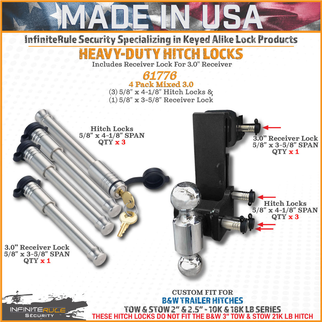 61776 | 4 Pack Mixed 3.0, Keyed Alike, Hitch Locks For B&W 2.0" & 2.5" Tow & Stow 10K LB & 18K LB - Includes Lock For 3.0" Re