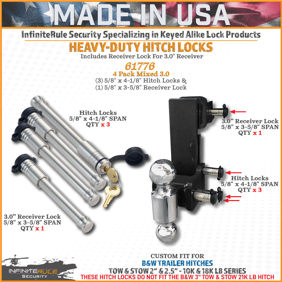 61776 | 4 Pack Mixed 3.0, Keyed Alike, Hitch Locks For B&W 2.0" & 2.5" Tow & Stow 10K LB & 18K LB - Includes Lock For 3.0" Re