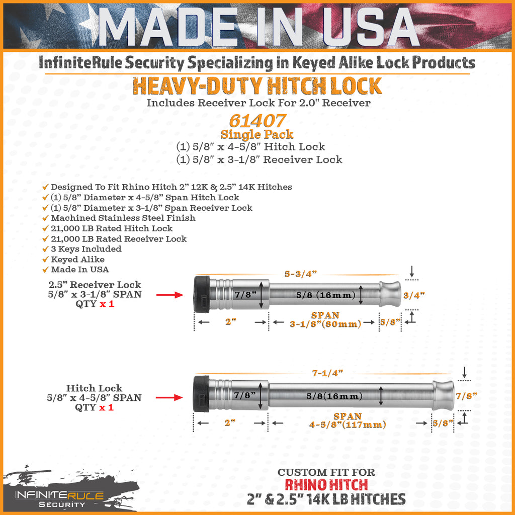 61407 | 2 Pack Mixed 2.5, Keyed Alike, Hitch Lock For Rhino Hitch 2.0" 12K & 2.5" 14K LB Hitches - Includes Lock For 2.5" Rec