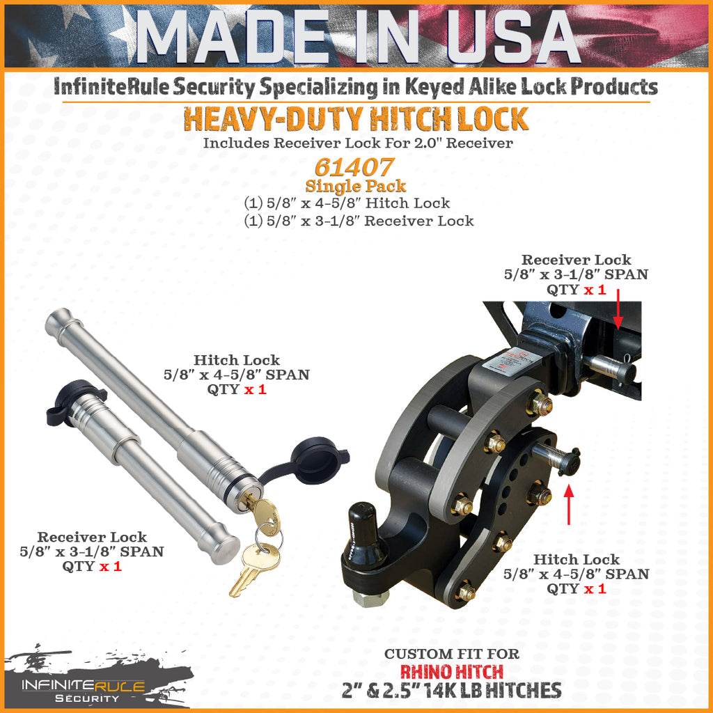 61407 | 2 Pack Mixed 2.5, Keyed Alike, Hitch Lock For Rhino Hitch 2.0" 12K & 2.5" 14K LB Hitches - Includes Lock For 2.5" Rec