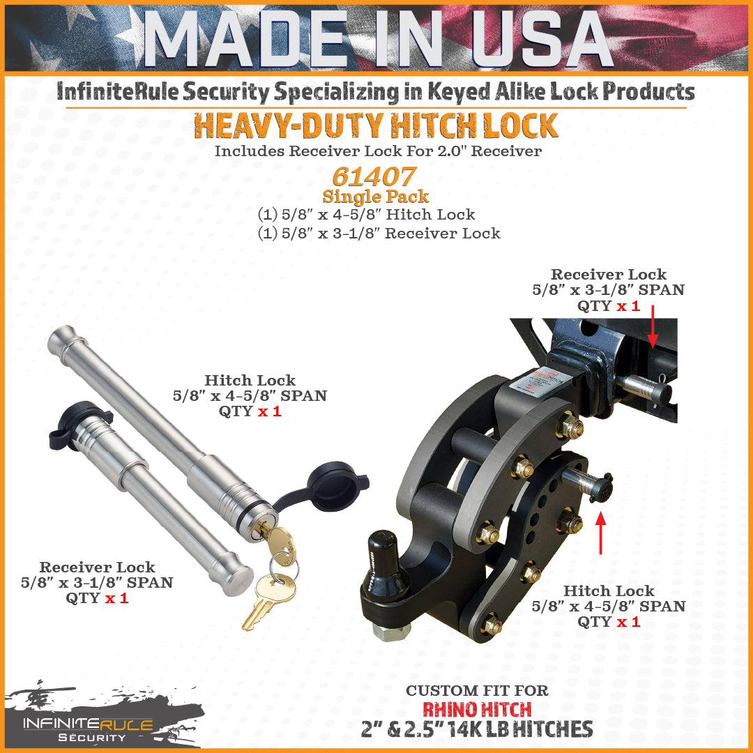 61407 | 2 Pack Mixed 2.5, Keyed Alike, Hitch Lock For Rhino Hitch 2.0" 12K & 2.5" 14K LB Hitches - Includes Lock For 2.5" Rec