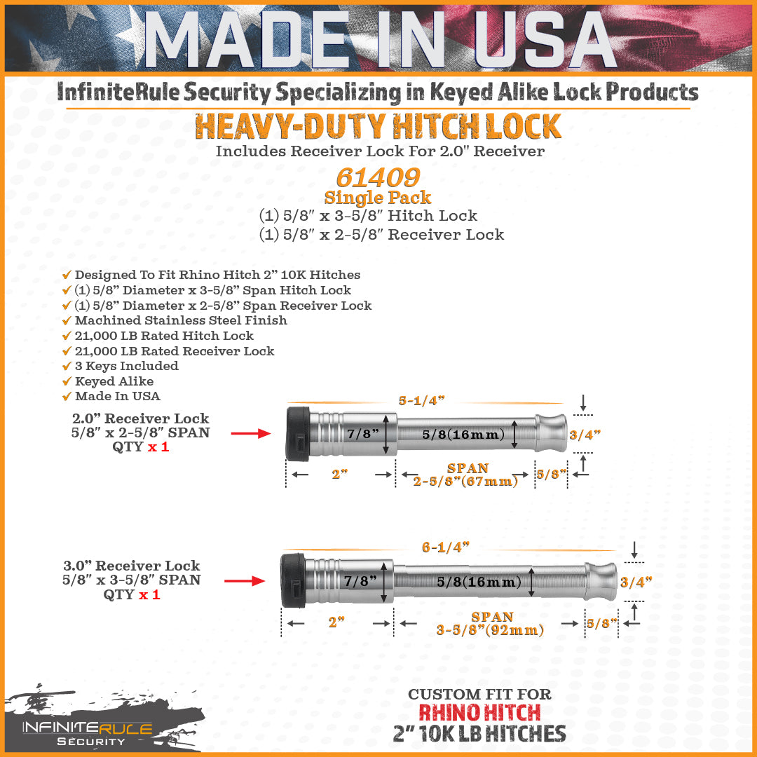 61409 | 2 Pack Mixed 2.0, Keyed Alike, Hitch Lock For Rhino Hitch 2.0" 10K LB Hitch - Includes Lock For 2.0" Receiver - DOES 