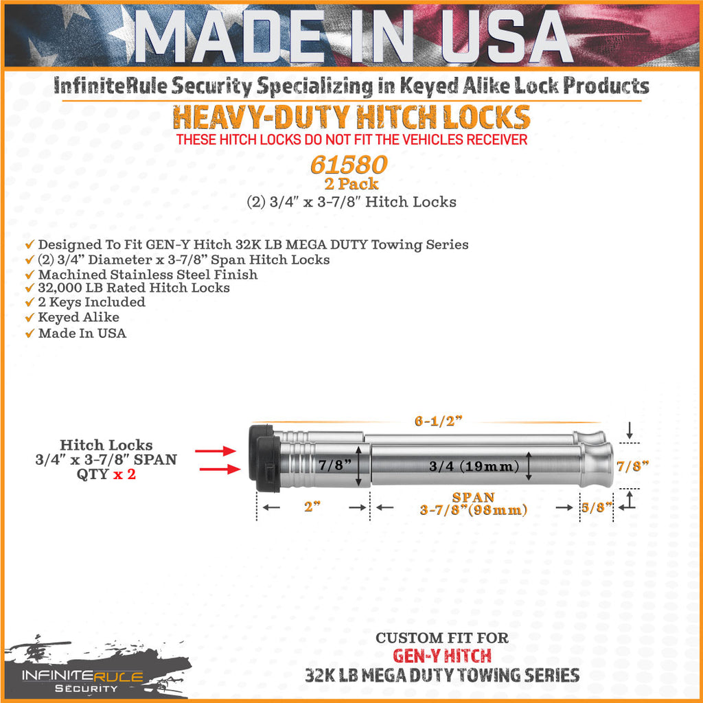 61580 | 2 Pack, Keyed Alike, Hitch Locks For Gen-Y Hitch Mega Duty 32K LB Series - Fits Adjustable Ball Mount Only - DOES NOT
