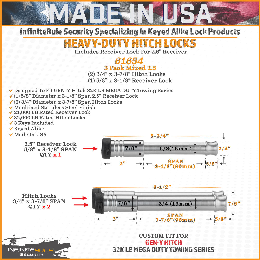 61654 | 3 Pack Mixed 2.5, Keyed Alike, Hitch Locks For Gen-Y Hitch Mega Duty 32K LB Series - Includes Lock For 2.5" Receiver