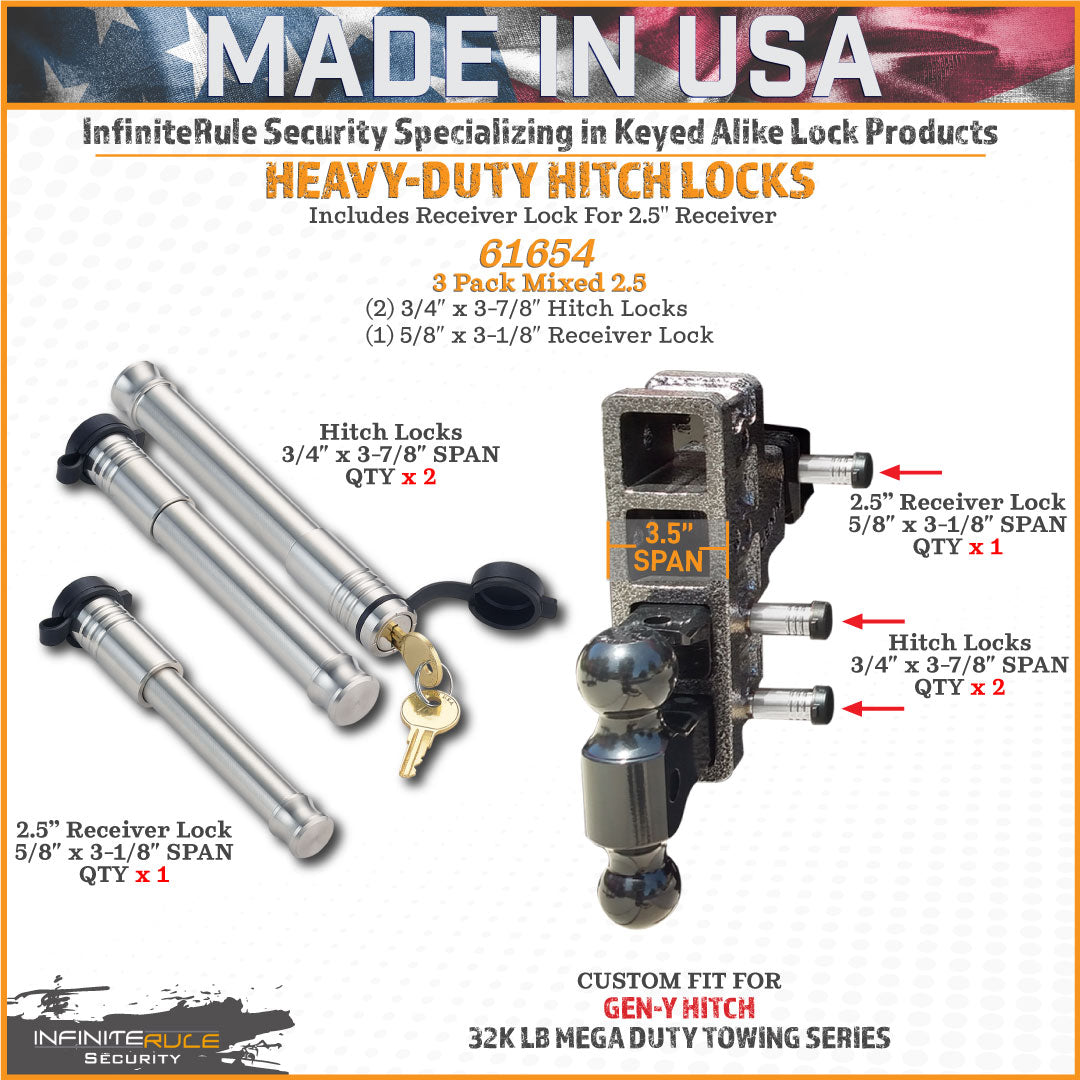 61654 | 3 Pack Mixed 2.5, Keyed Alike, Hitch Locks For Gen-Y Hitch Mega Duty 32K LB Series - Includes Lock For 2.5" Receiver