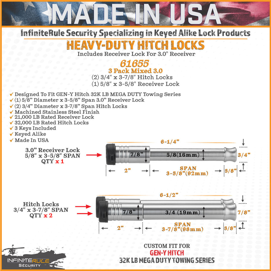 61655 | 3 Pack Mixed 3.0, Keyed Alike, Hitch Locks For Gen-Y Hitch Mega Duty 32K LB Series - Includes Lock For 3.0" Receiver