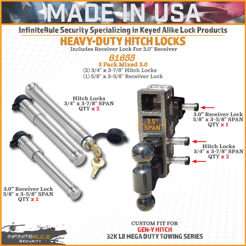 61655 | 3 Pack Mixed 3.0, Keyed Alike, Hitch Locks For Gen-Y Hitch Mega Duty 32K LB Series - Includes Lock For 3.0" Receiver