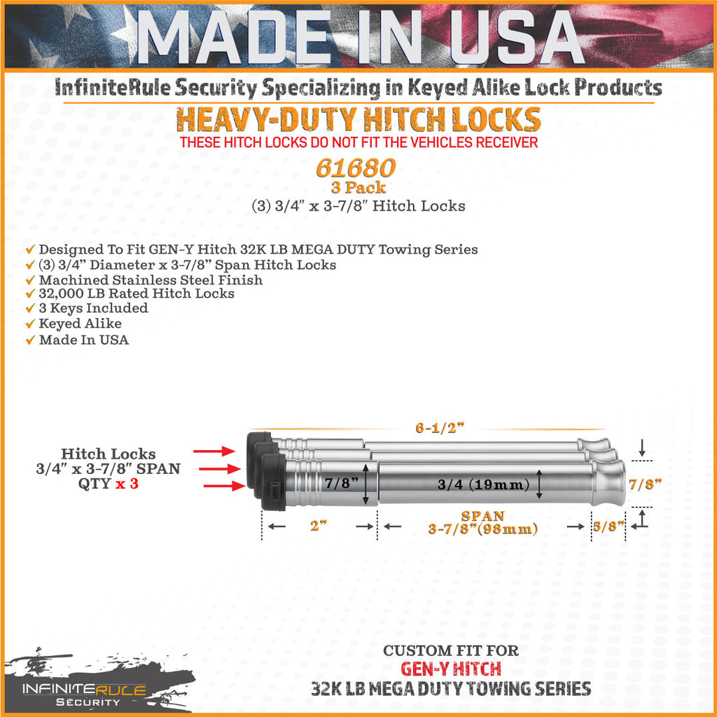 61680 | 3 Pack, Keyed Alike, Hitch Locks For Gen-Y Hitch Mega Duty 32K LB Series - Fits Adjustable Ball Mount Only - DOES NOT