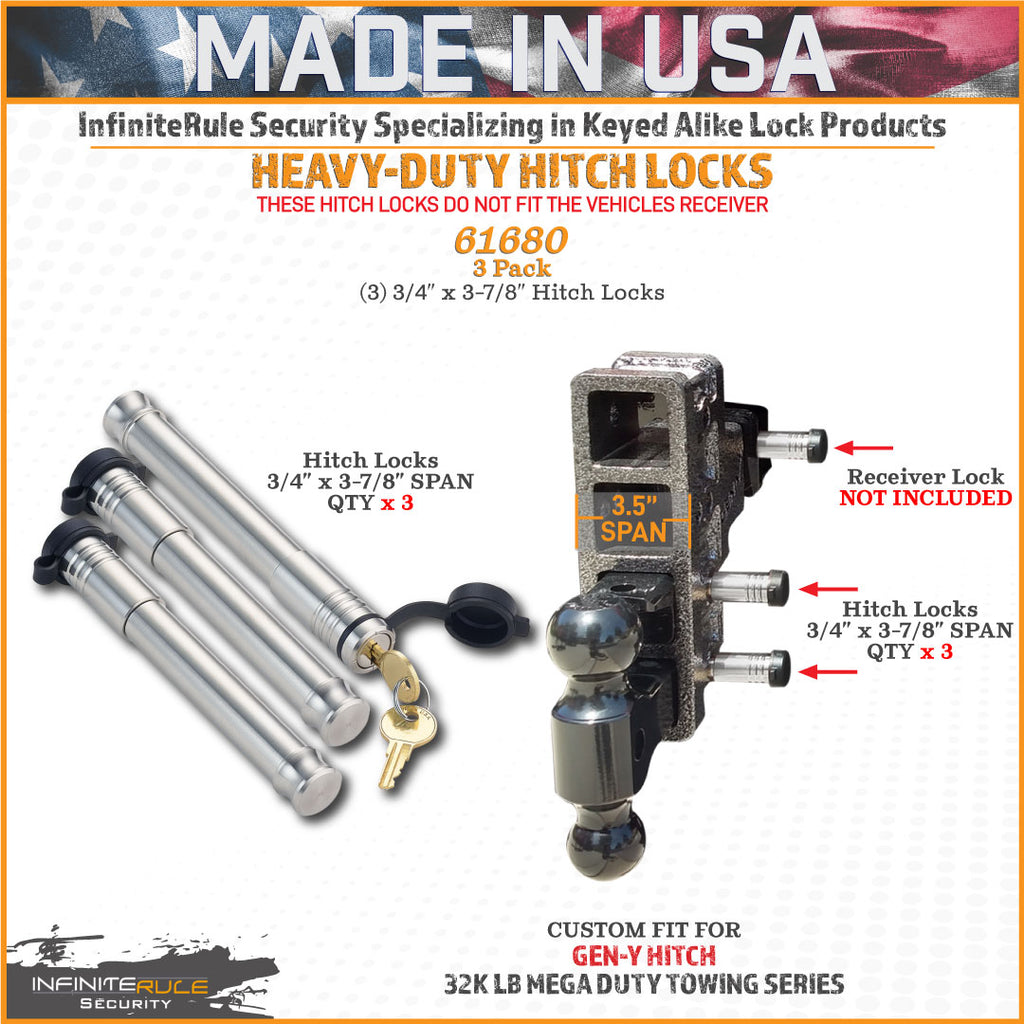 61680 | 3 Pack, Keyed Alike, Hitch Locks For Gen-Y Hitch Mega Duty 32K LB Series - Fits Adjustable Ball Mount Only - DOES NOT