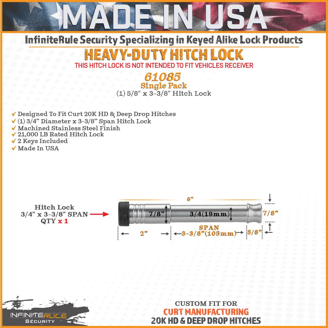 61085 | Hitch Lock For Curt 2.0" Deep Drop Adjustable Trailer Ball Mount 15K LB Hitch - Fits Adjustable Ball Mount Only - DOE