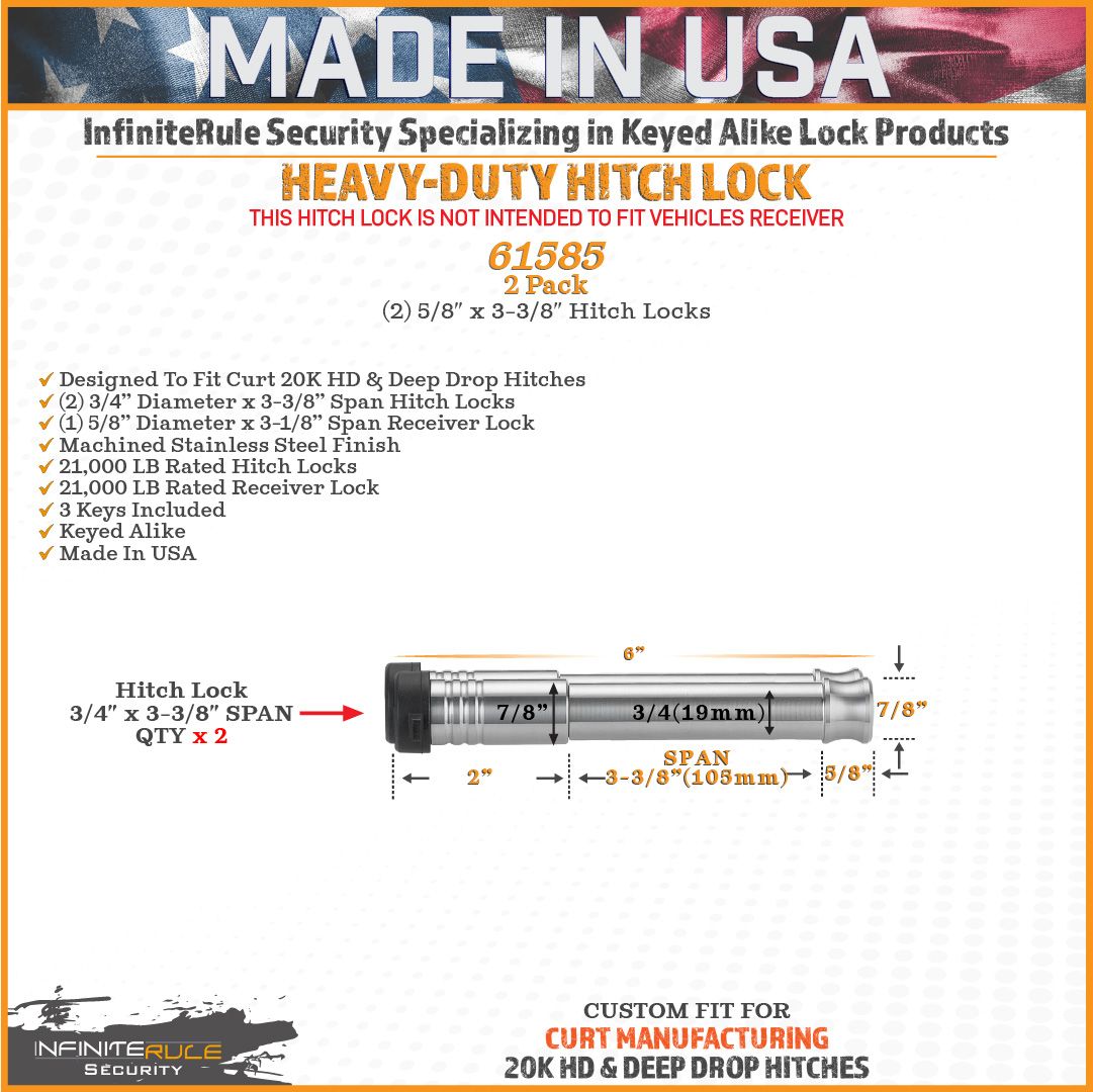 61585 | 2 Pack, Keyed Alike, Hitch Locks For Curt 2.0" Deep Drop Adjustable Trailer Ball Mount 15K LB Hitch - Fits Adjustable