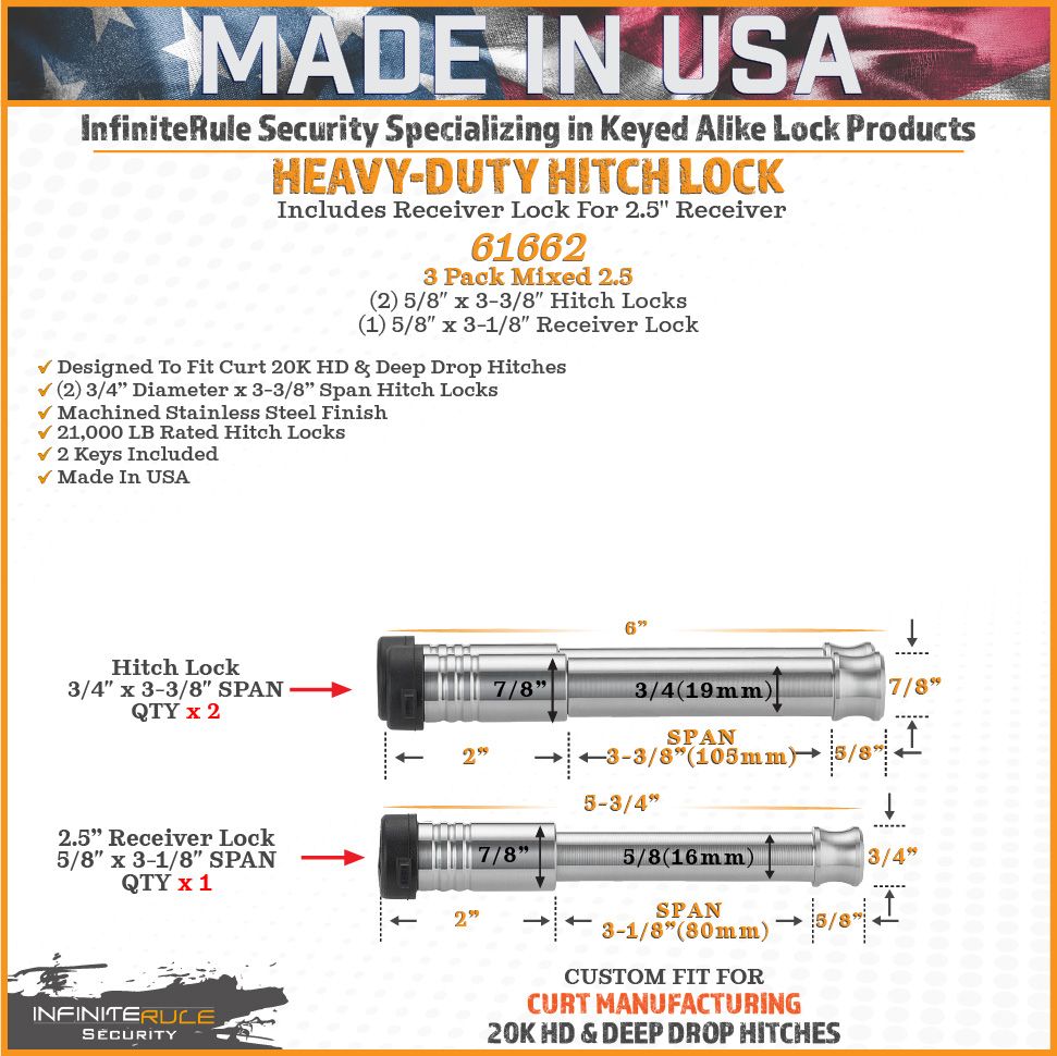 61662 | 3 Pack Mixed 2.5, Keyed Alike, Hitch Locks For Curt 2.0" Deep Drop Adjustable Trailer Ball Mount 15K LB Hitch - Inclu