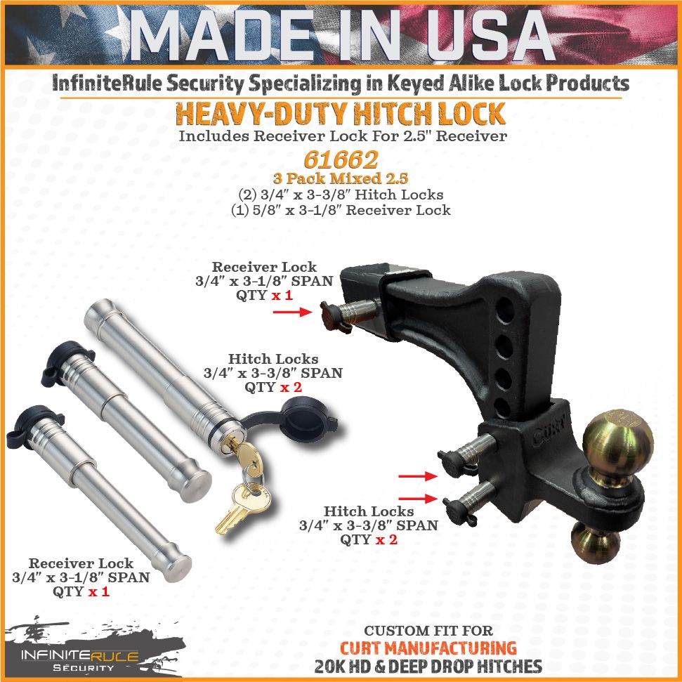 61662 | 3 Pack Mixed 2.5, Keyed Alike, Hitch Locks For Curt 2.0" Deep Drop Adjustable Trailer Ball Mount 15K LB Hitch - Inclu