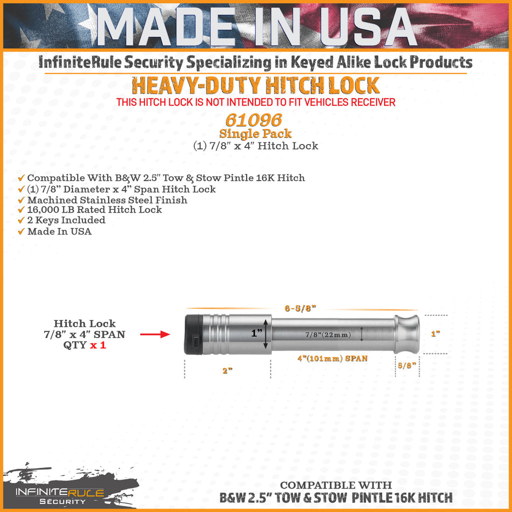 61096 | Hitch Lock For B&W 2.5" Tow & Stow Pintle 16K Hitch - Fits Adjustable Ball Mount Only - DOES NOT FIT Vehicle Receiver