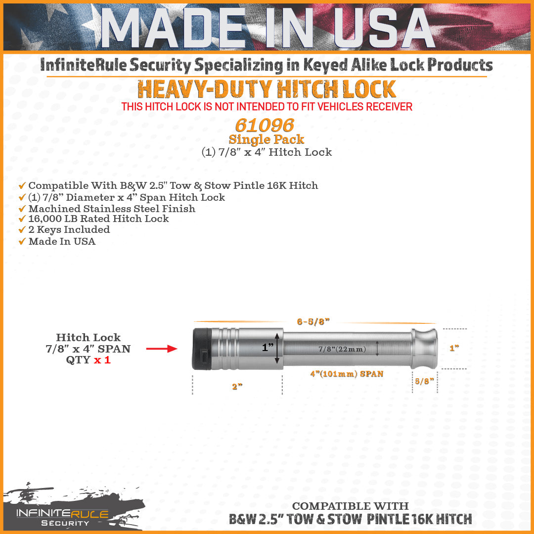 61096 | Hitch Lock For B&W 2.5" Tow & Stow Pintle 16K Hitch - Fits Adjustable Ball Mount Only - DOES NOT FIT Vehicle Receiver