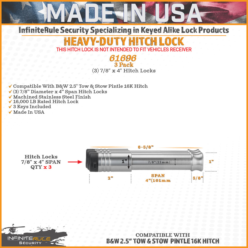 61696 | 3 Pack, Keyed Alike, Hitch Locks For B&W 2.5" Tow & Stow Pintle 16K Hitch - Fits Adjustable Ball Mount Only - DOES NO