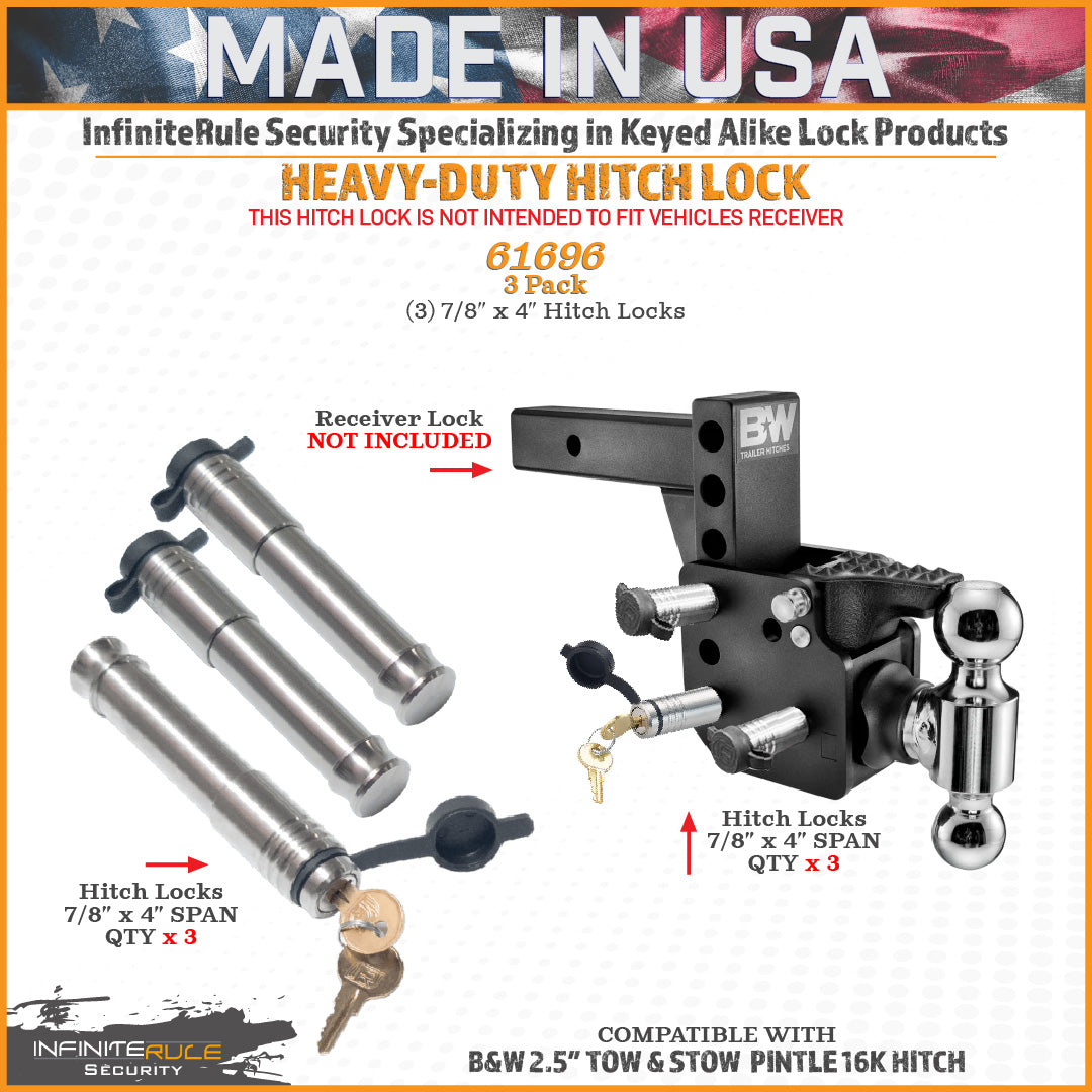61696 | 3 Pack, Keyed Alike, Hitch Locks For B&W 2.5" Tow & Stow Pintle 16K Hitch - Fits Adjustable Ball Mount Only - DOES NO