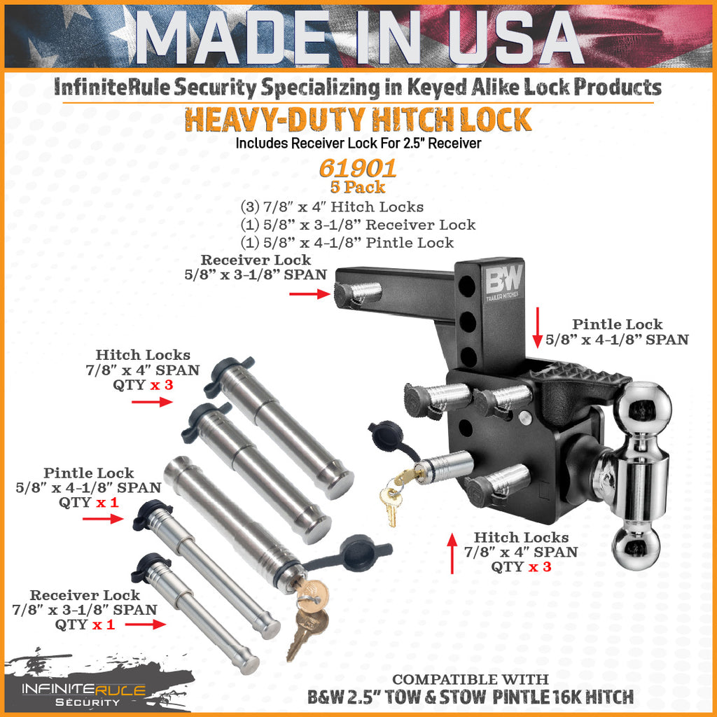 61901 | 5 Pack Mixed 2.5, Keyed Alike, Hitch Locks For B&W 2.5" Tow & Stow Pintle 16K Hitch - Includes Receiver Lock For 2" O
