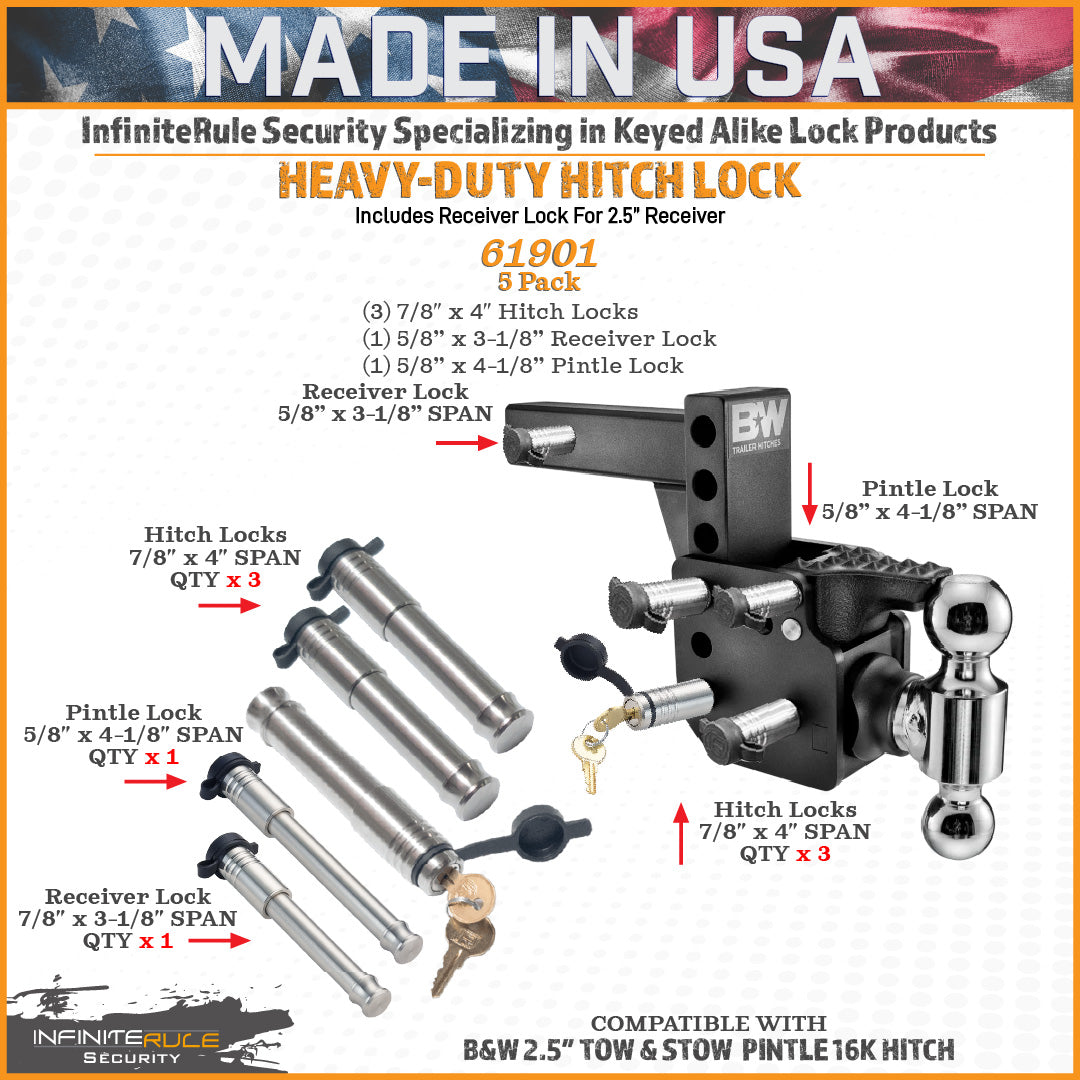 61901 | 5 Pack Mixed 2.5, Keyed Alike, Hitch Locks For B&W 2.5" Tow & Stow Pintle 16K Hitch - Includes Receiver Lock For 2" O
