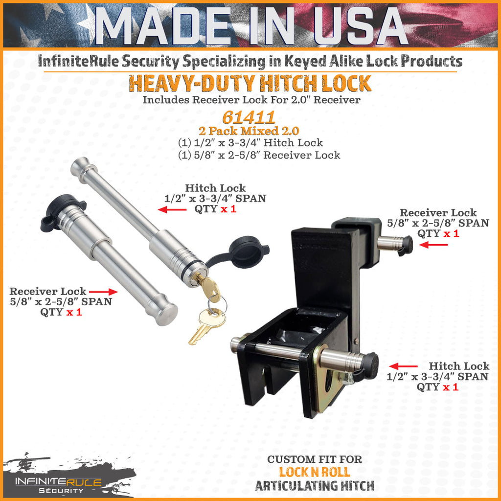 61411 | 2 Pack Mixed 2.0, Keyed Alike, Hitch Lock For Lock N Roll Articulating Hitch - Includes Lock For 2.0" Receiver - DOES
