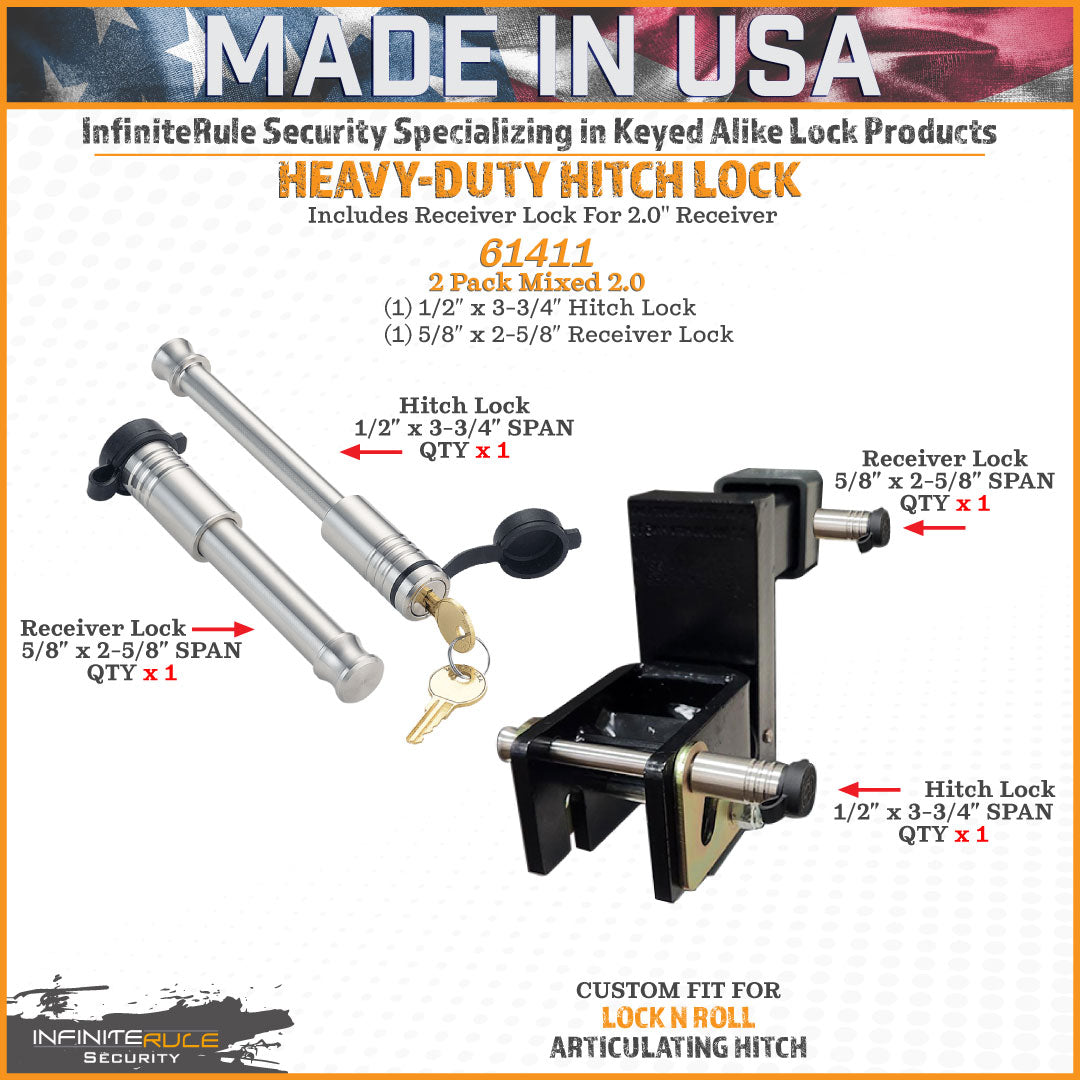61411 | 2 Pack Mixed 2.0, Keyed Alike, Hitch Lock For Lock N Roll Articulating Hitch - Includes Lock For 2.0" Receiver - DOES
