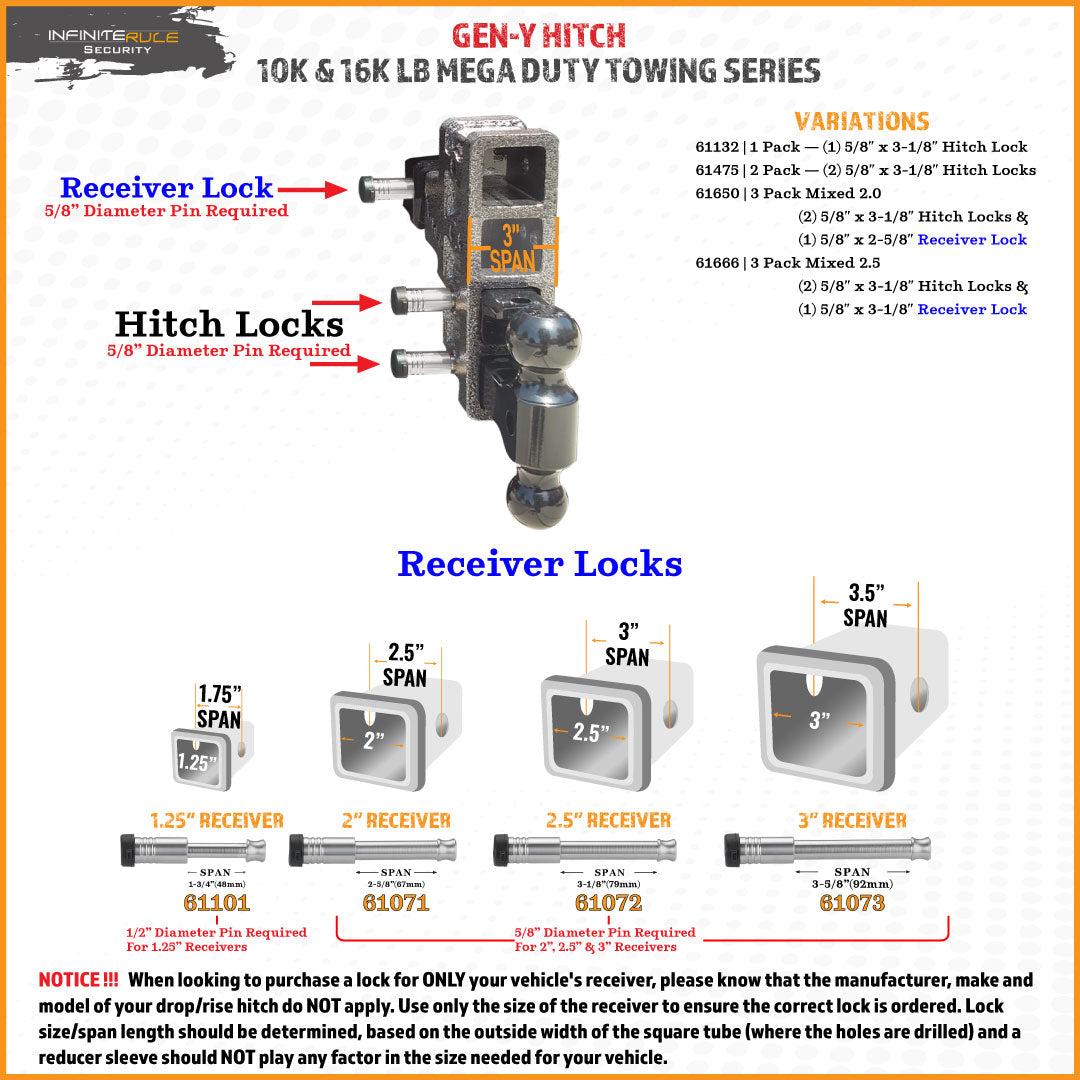 61666 | 3 Pack Mixed 2.5, Keyed Alike, Hitch Locks For Gen-Y Hitch Mega Duty 10K LB & 16K LB Series - Includes Lock For 2.5" 