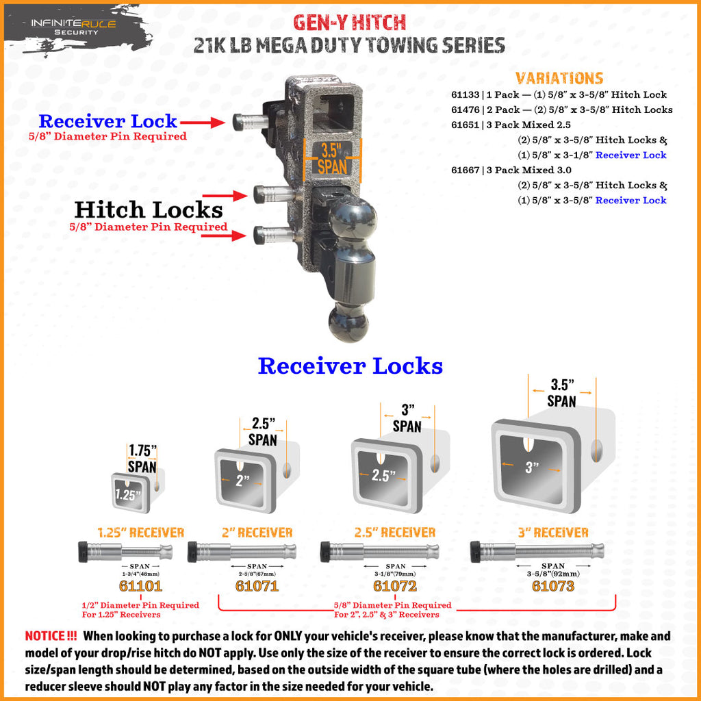 61667 | 3 Pack Mixed 3.0, Keyed Alike, Hitch Locks For Gen-Y Hitch Mega Duty 21K LB Series - Includes Lock For 3.0" Receiver